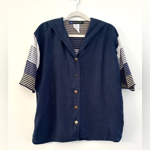 Women's Size L Button Down Blouse Gold‎ Metallic Coastal Nautical Sailor Chic - Picture 1 of 12